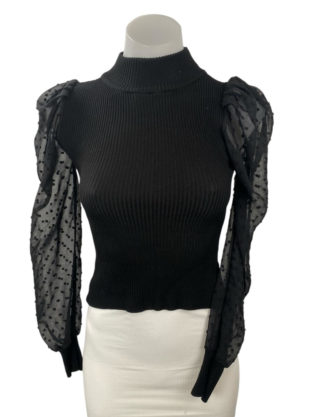 Crave Fame Women's Black Swiss Dot Long Sleeve Mesh Mock Neck Blouse Top Size XS